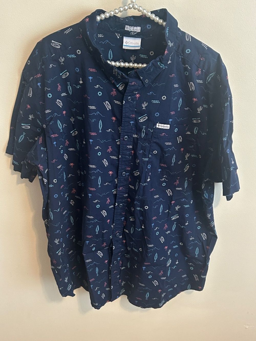 Columbia Mens Blue Novelty Print Short Sleeve Button Down Shirt XXL 2XL AM0094